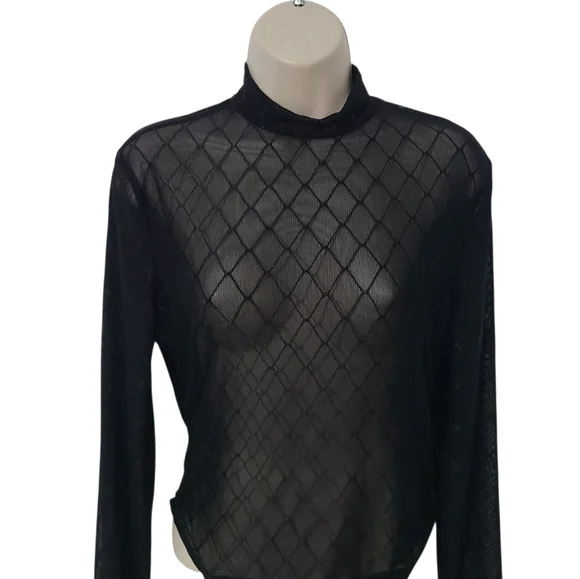 Black Mesh Diamond Pattern Mock Neck Bodysuit - Picture 3 of 4